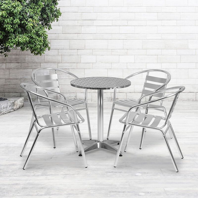Flash Furniture 23.5'' Round Aluminum Indoor-Outdoor Table Set with 4 Slat Back Chairs