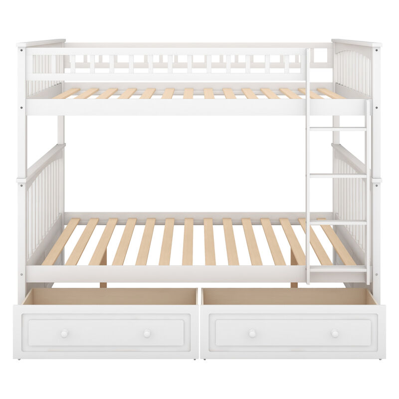 Full Over Full Bunk Bed With Drawers, Convertible Beds, White