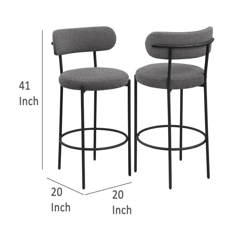 Winona Bar Chair Set of 2, Gray Boucle Fabric, Black Metal 30 Inch - Benzara