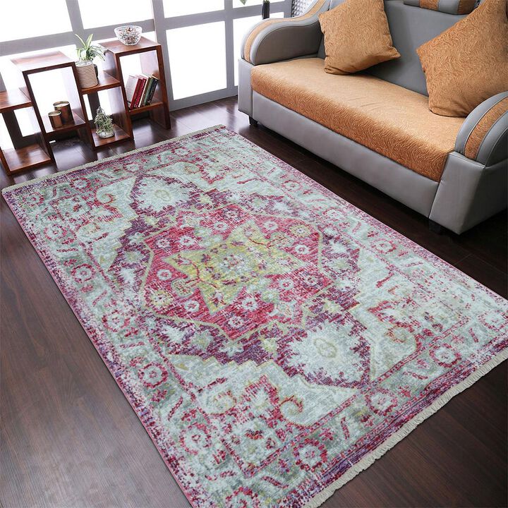 RUGSOTIC CARPETS MACHINE MADE POLYESTER AREA RUGS - 4'x5'11'', Rectangle Shape, Pink Color, Classic Oriental Traditional  Design,Low Pile Machine Made Area Rugs for Living Room, Bed Room (M00073)