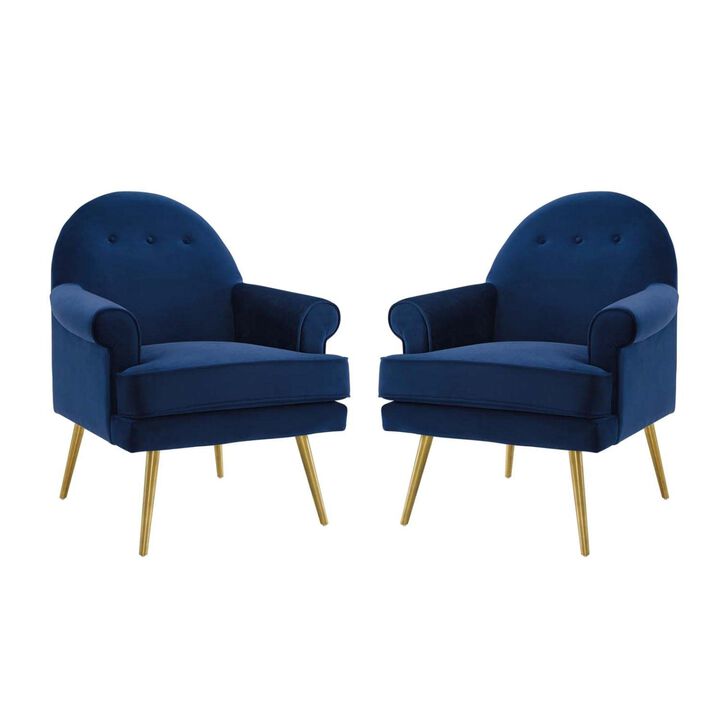 Modway Revive Mid-Century Modern Upholstered Performance Velvet Accent Lounge Arm Chair, Set of 2, Navy