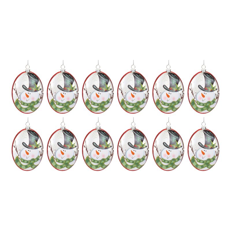 Glass Snowman Disc Ornament (Set of 12) – Decorative Snowman Ornaments for Christmas Tree and Seasonal Decor
