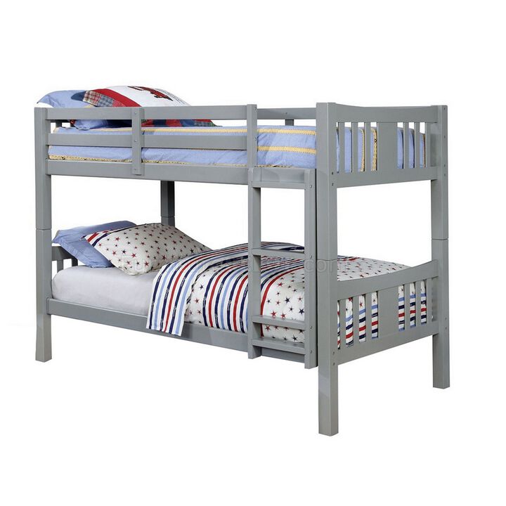 Slatted Twin Over Twin Bunk Bed with Attached Ladder, Gray-Benzara