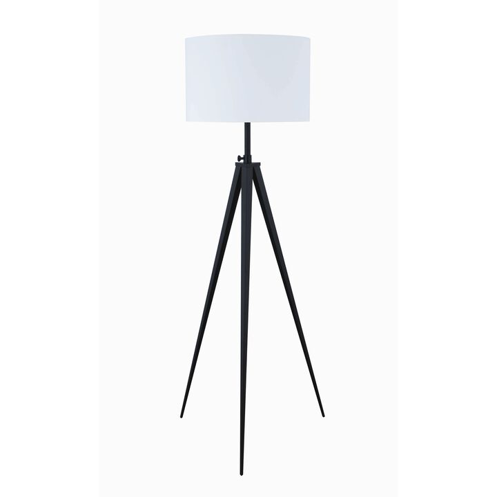 Height Adjustable Metal Tripod Floor Lamp with Fabric Shade, White and Black-Benzara