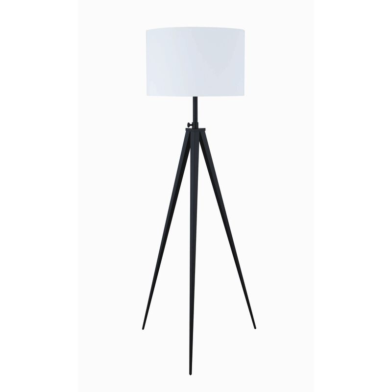 Height Adjustable Metal Tripod Floor Lamp with Fabric Shade, White and Black-Benzara