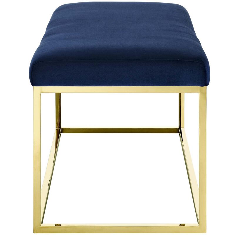 Modway Anticipate Velvet Upholstered Modern Bench With Stainless Steel Frame in Gold Navy