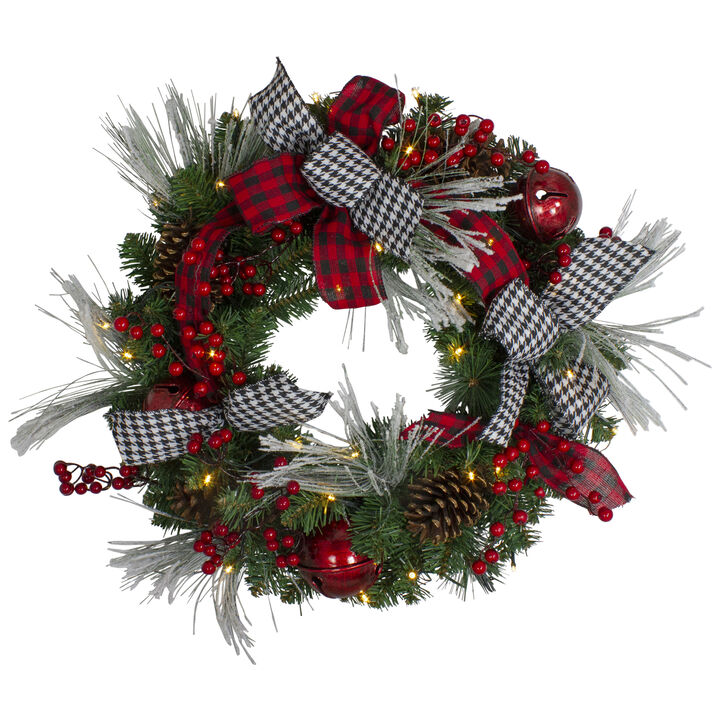Pre-Lit Decorated Plaid and Houndstooth Artificial Christmas Wreath - 24-Inch  Warm White Lights