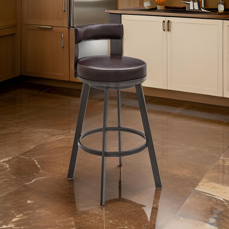 Ami 30 Inch Swivel Barstool Chair, Curved Open Back Brown Faux Leather - Benzara