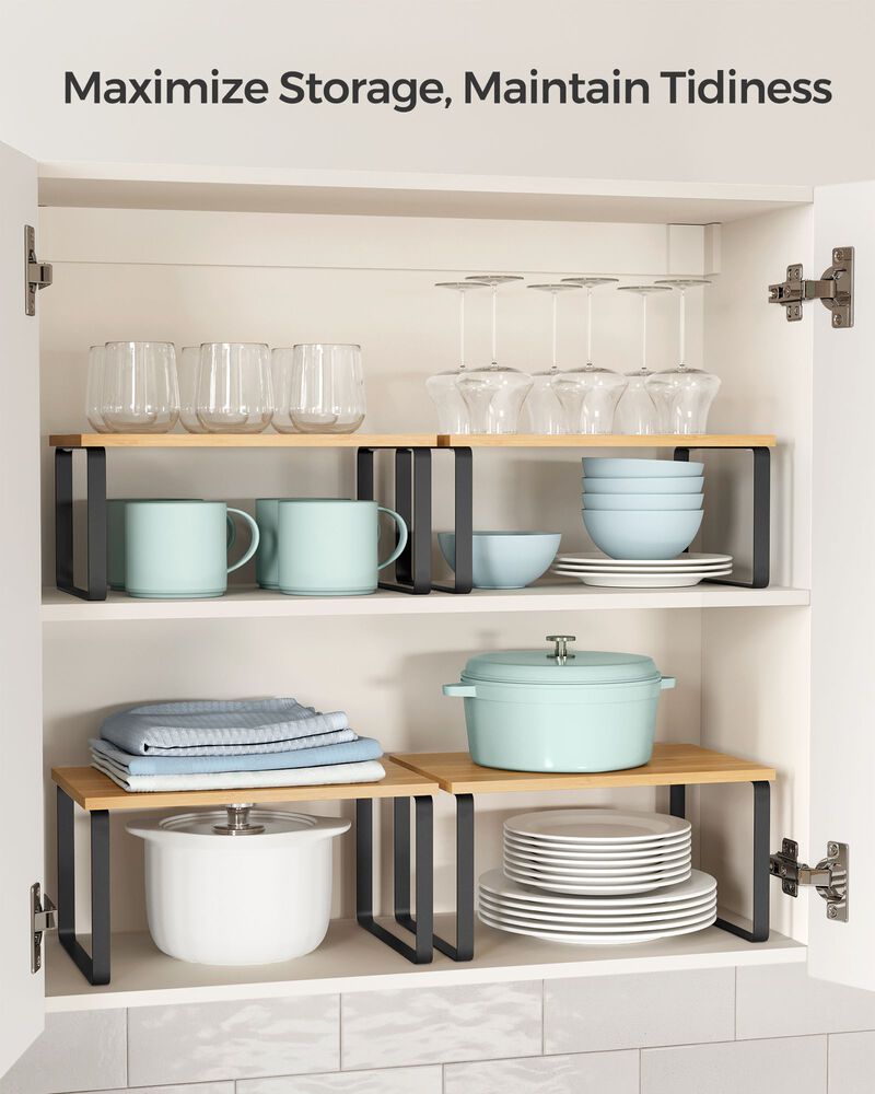 Expandable and Stackable Cabinet Shelf Organizer – Metal and Bamboo Kitchen Counter Shelves, Set of 2