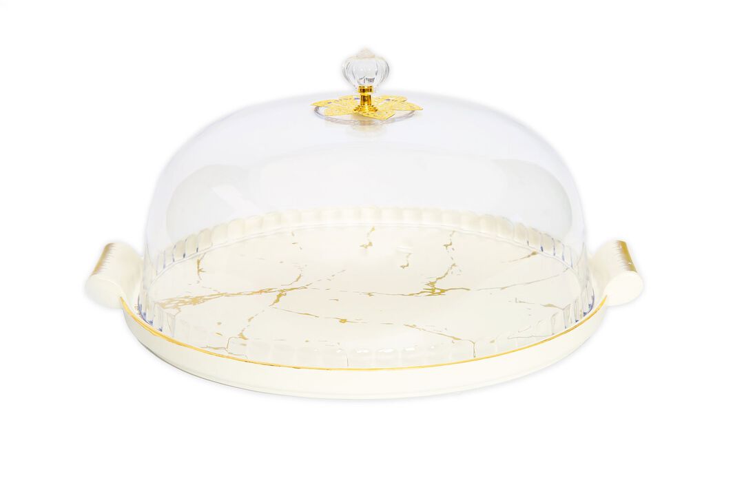 11" White Porcelain Cake Dome with Gold Design