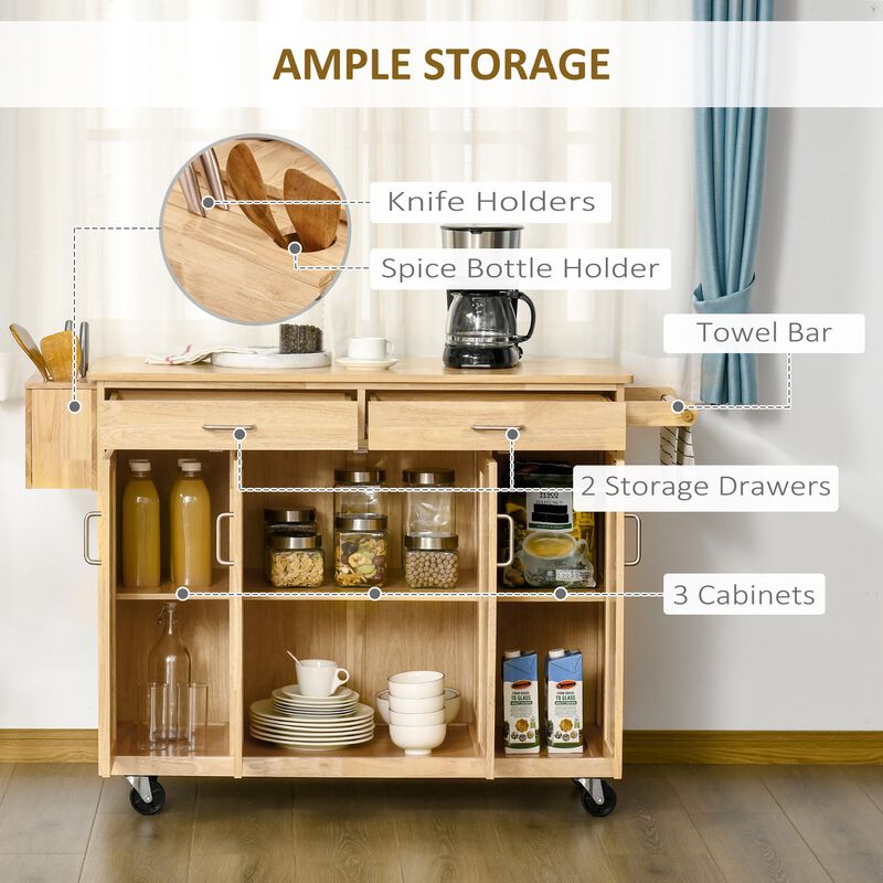Natural Kitchen Island: 54" Wide Cart with Drawers and Tool Caddy