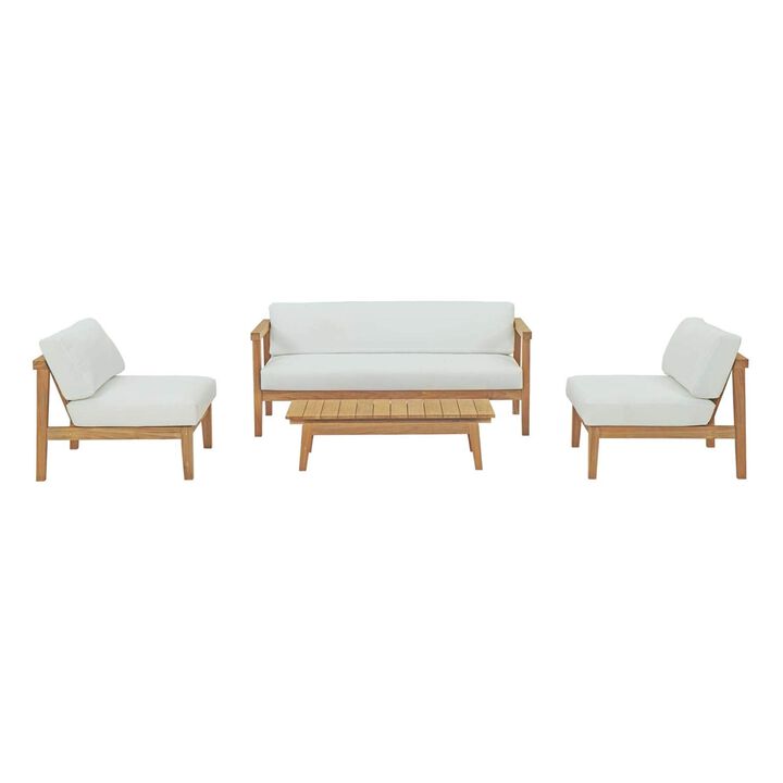 Bayport Teak Outdoor Collection - Relaxation & Tranquility | Durable Teak Wood | All-Weather White Cushions | Assembly Required | Includes Coffee Table, Loveseat, & Armless Chairs