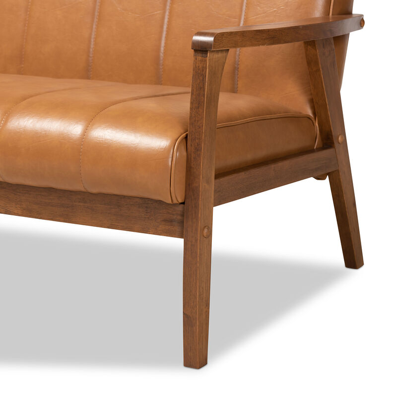 Baxton Studio Nikko Mid Century Tan Faux Leather Upholstered Wood Sofa