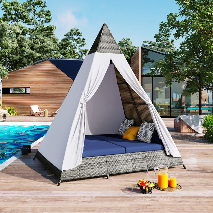 Whisen Outdoor Sunbed With Colorful Pillows, Tent Shape Wicker Patio Daybed With Cushions