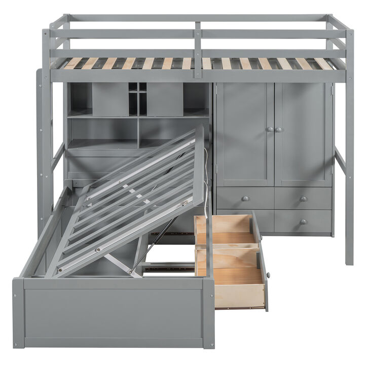Merax Twin Bunk Bed with Wardrobe and Hydraulic Bed