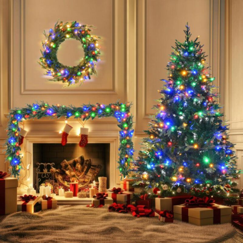 Artificial Christmas Tree with Wreath & Garland Grass Green Xmas Tree with 380 Multi-Color LED Lights