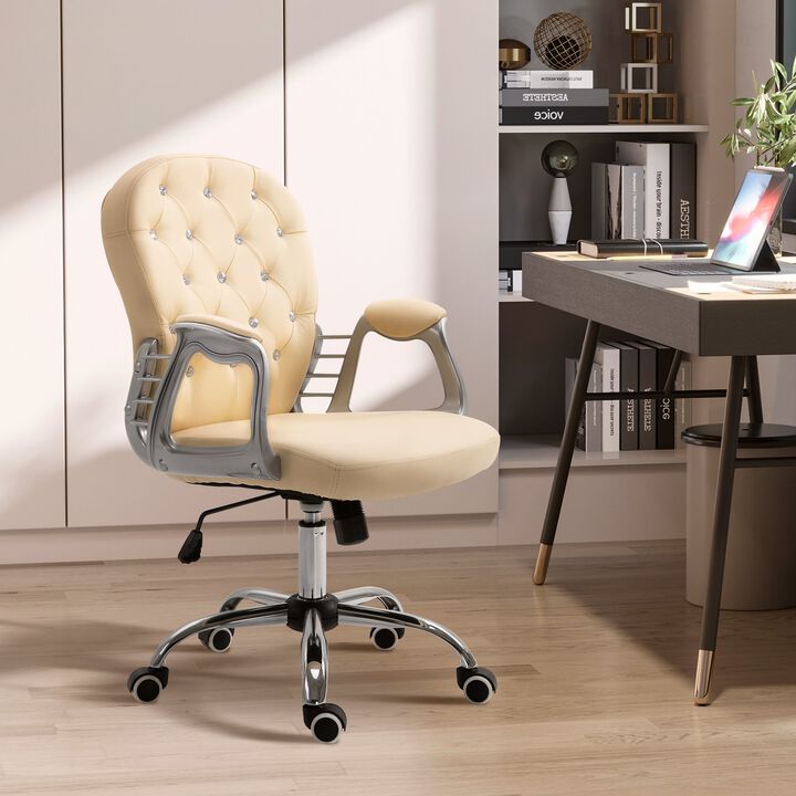 Beige Office Comfort: Tufted Swivel Chair with Adjustable Height