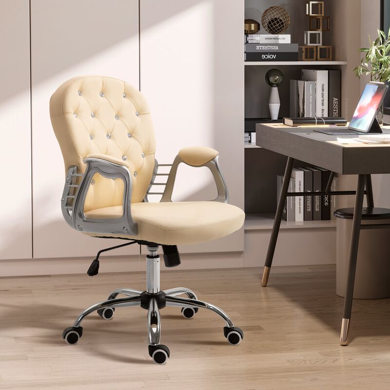 Beige Office Comfort: Tufted Swivel Chair with Adjustable Height