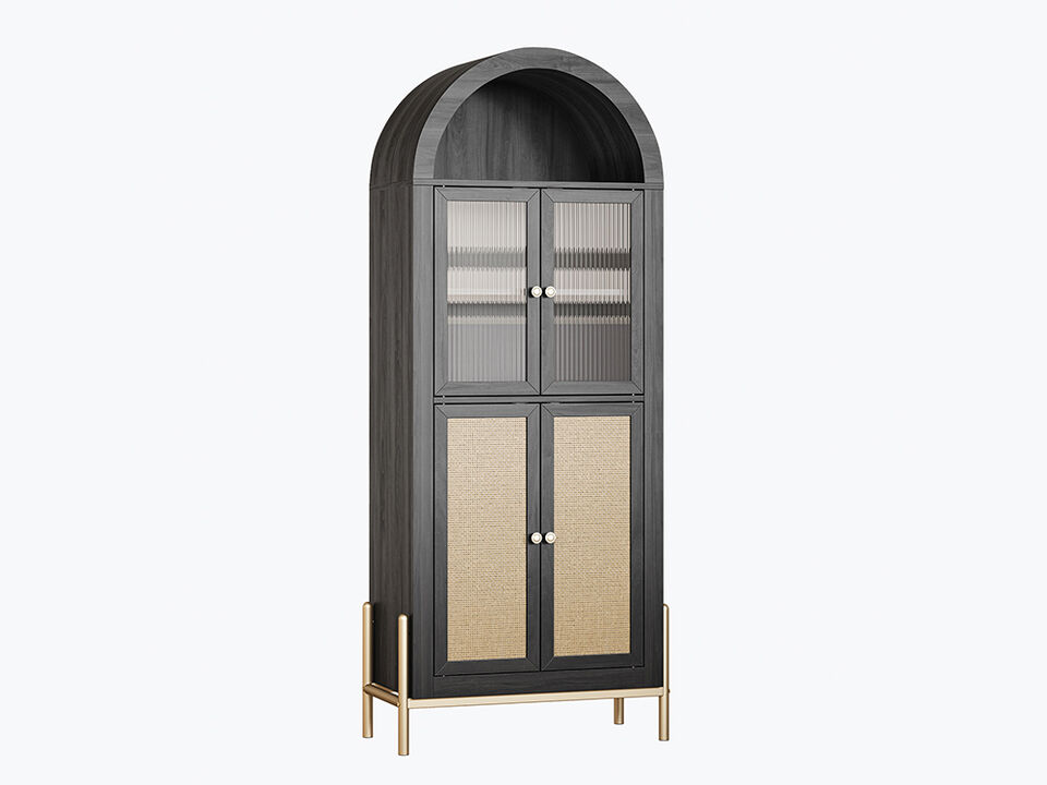 BELLEZE Modern Arched Kitchen Pantry, 5-Tier Wood Decorative Storage Cabinet with Reeded Glass Door and Adjustable Shelves, Freestanding Accent Display Cabinet for Home Living Room, Black