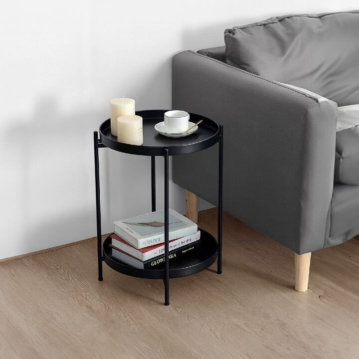 15 Inch Modern Side End Table, Metal Round Tray Top, Foldable Legs