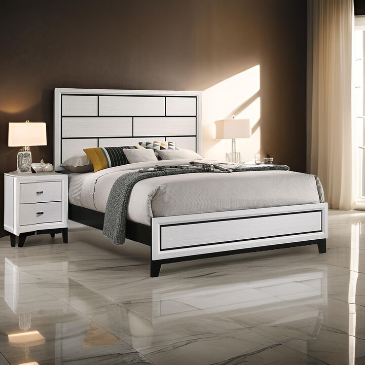 Erica King Size Bed, White and Black Wood Finish, Panel Style Headboard