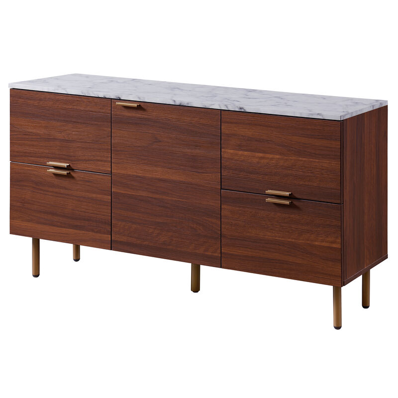 Teamson Home Ashton Rectangular Wood Sideboard with Marble-Look Top and Metal Legs