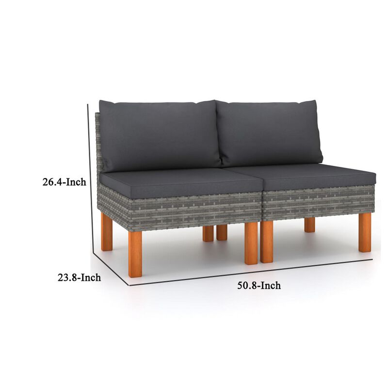 Feno 2pc Outdoor Modular Loveseat Sofa, Dark Gray Fabric, Poly Rattan - Benzara