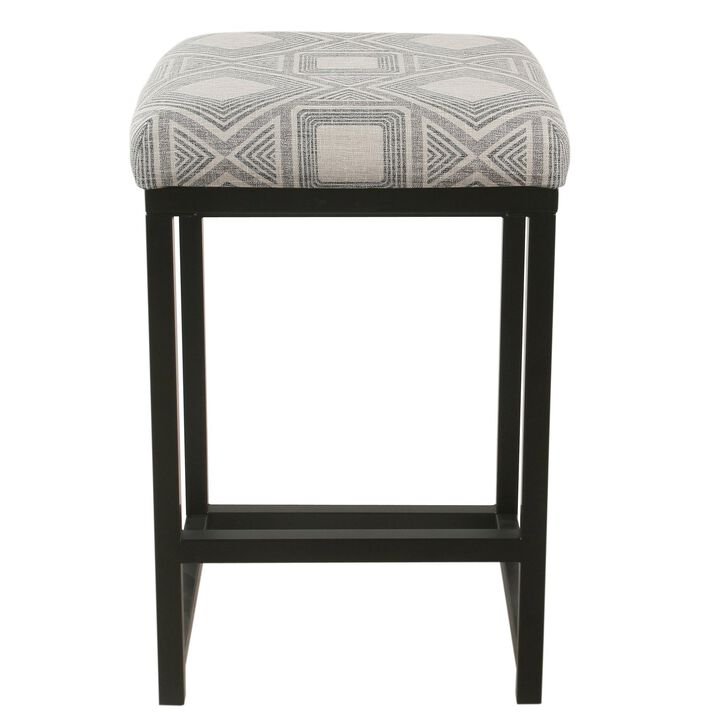 Metal Counter Stool with Geometric Pattern Fabric Upholstered Seat, Gray and Black - Benzara