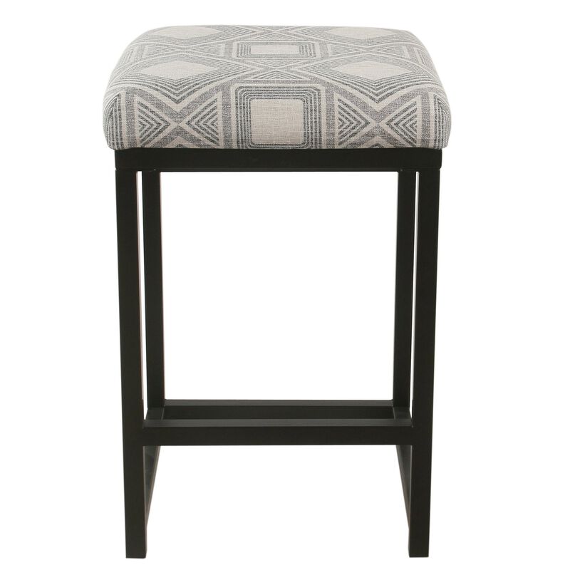 Metal Counter Stool with Geometric Pattern Fabric Upholstered Seat, Gray and Black - Benzara