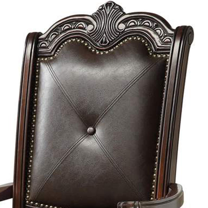 Crowned Top Wooden Side Chair with Leatherette Seating, Set of 2, Dark Brown-Benzara
