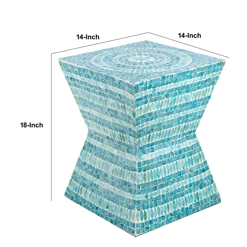 14 Inch Capiz Accent Table Stool, Blue Mosaic Geometric Hourglass Shape - Benzara