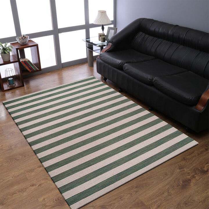 RUGSOTIC CARPETS HAND WOVEN FLAT WEAVE KILIM WOOL ECO-FRIENDLY AREA RUGS  - 6'7''x9'10'', Rectangle Shape, Cream Olive Color, Contemporary Design, Low Pile Handmade Rugs for Living Room (D00107)