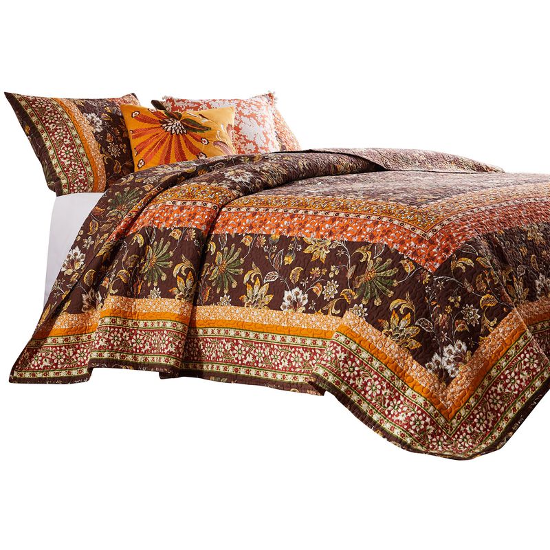 3 Piece King Quilt Set, Bohemian, Jacobean Floral Print, Brown, Orange - Benzara