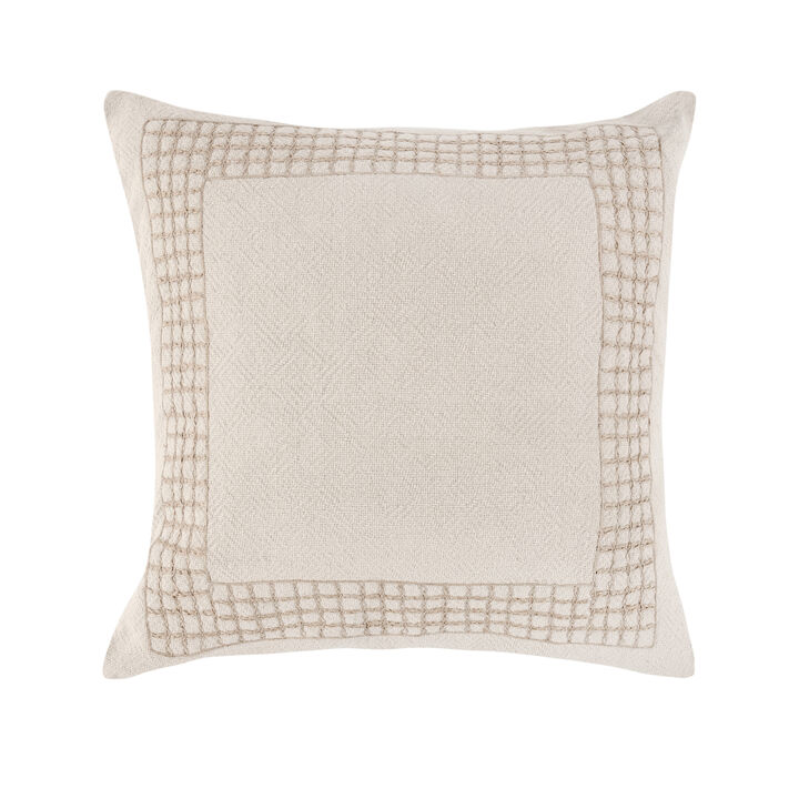 Throw Pillow, Jute Linen Embroidery Pattern, Square 26 Inch Beige - Benzara