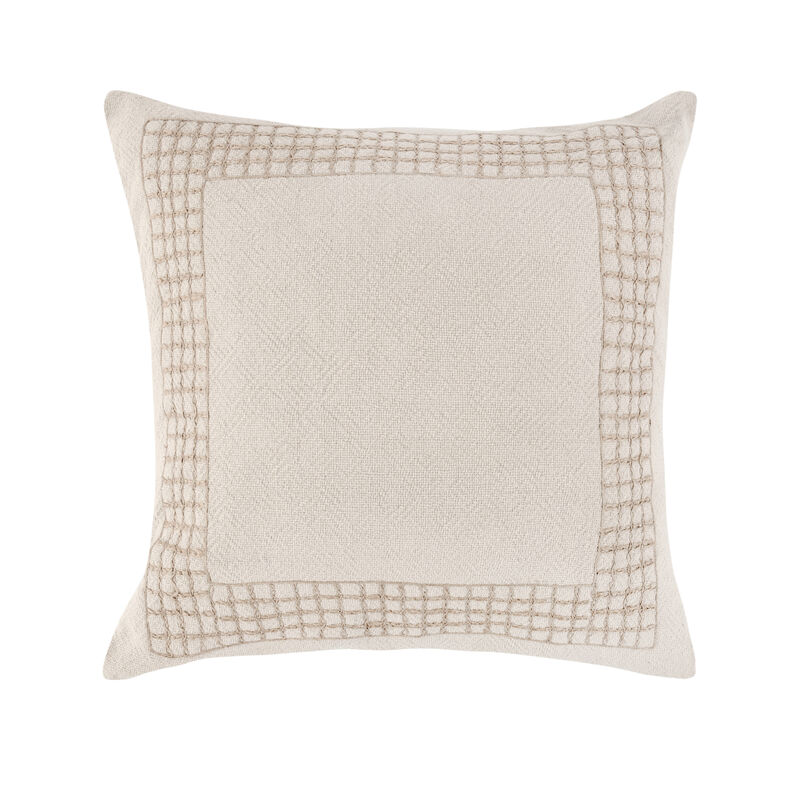 Throw Pillow, Jute Linen Embroidery Pattern, Square 26 Inch Beige - Benzara