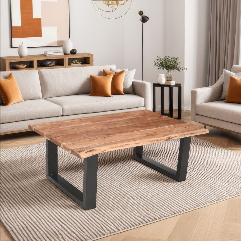 45 Inch Acacia Wood Rectangular Coffee Table, Live Edge Details, Black Powder Coated Metal Sled Base, Natural Brown-Benzara