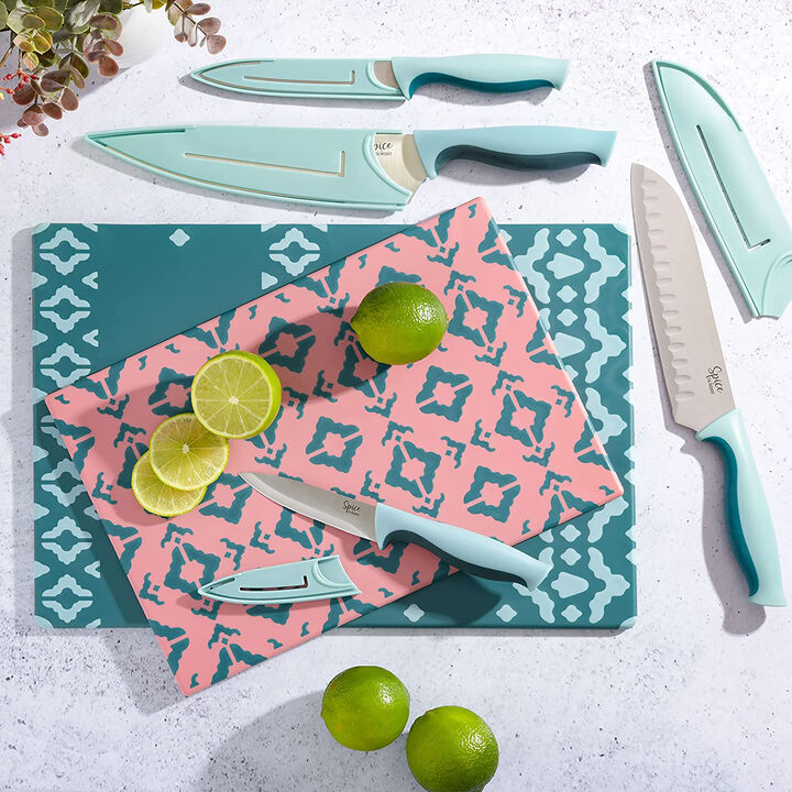 Spice by Tia Mowry Savory Saffron 10 Piece Knife and Cutting Board Cutlery Set in Blue and Pink