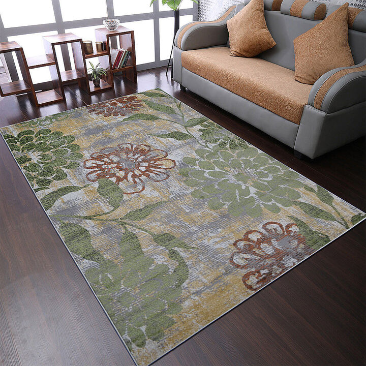 RUGSOTIC CARPETS MACHINE MADE HEATSET POLYPROPYLENE AREA RUGS  - 10'x13', Rectangle Shape, Beige Green Color, Floral Modern Design, Midium Pile Machine Made Area Rugs (M00024)