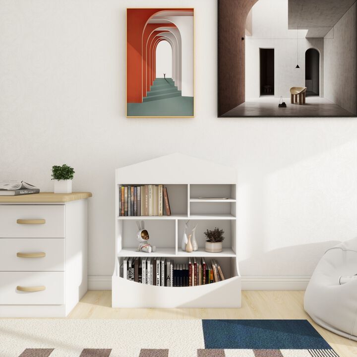 Multi-Functional Children's Bookcase in White, 7 Shelf Display Organizer