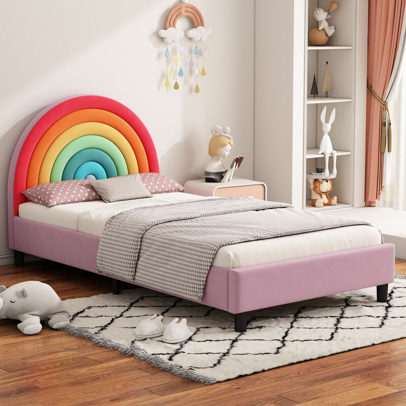 Merax Platform Bed with Rainbow Headboard Princess Kids Bed