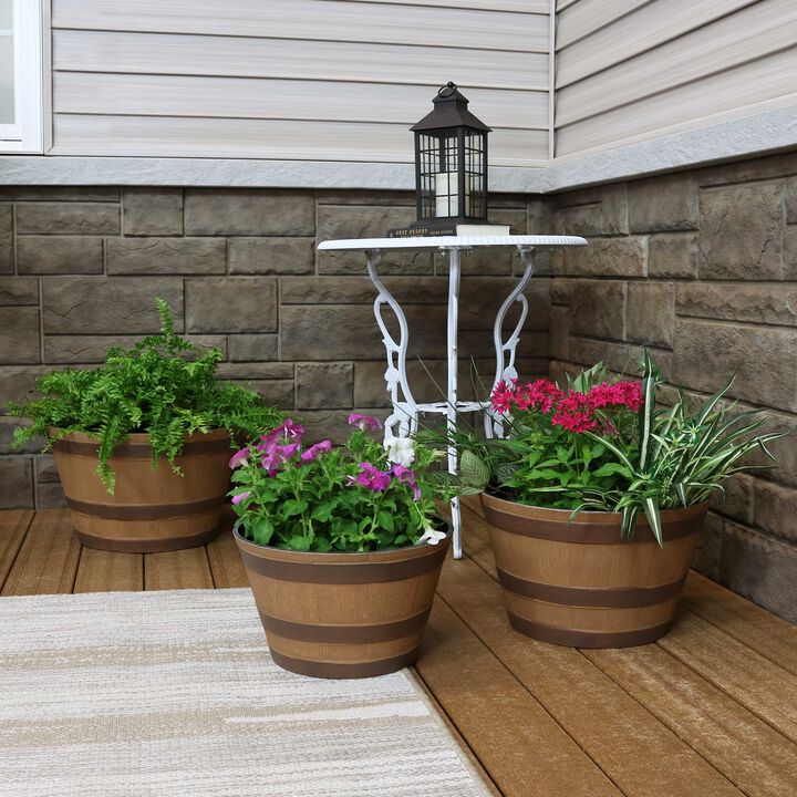 Sunnydaze Resin Rustic Cask Outdoor Planter 13 in, 15 in, 17 in - Set of 3