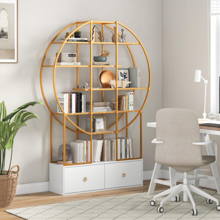 Hivvago 71 Inches 6-Tier Gold Bookshelf with 2 Storage Drawers