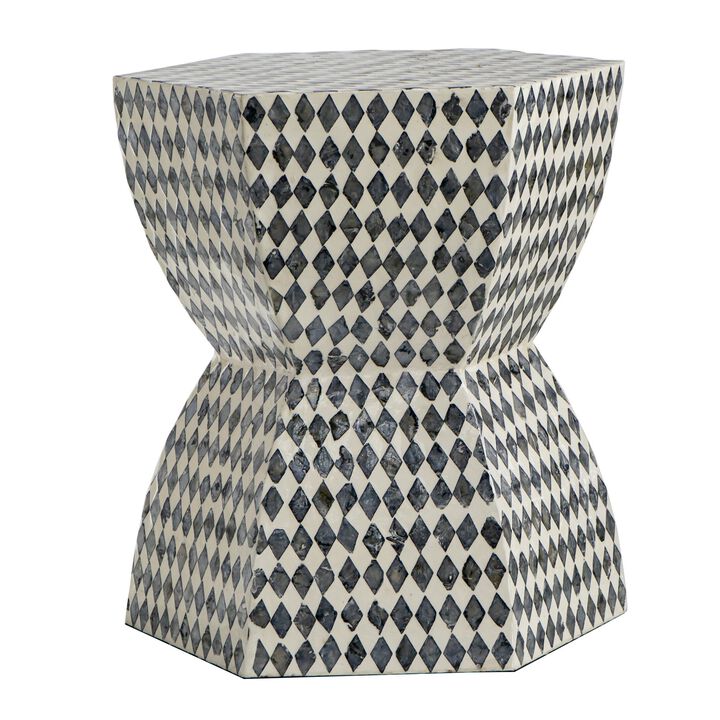 17 Inch Modern Hexagonal Table Stool, Capiz Inlaid Platform, White, Black - Benzara