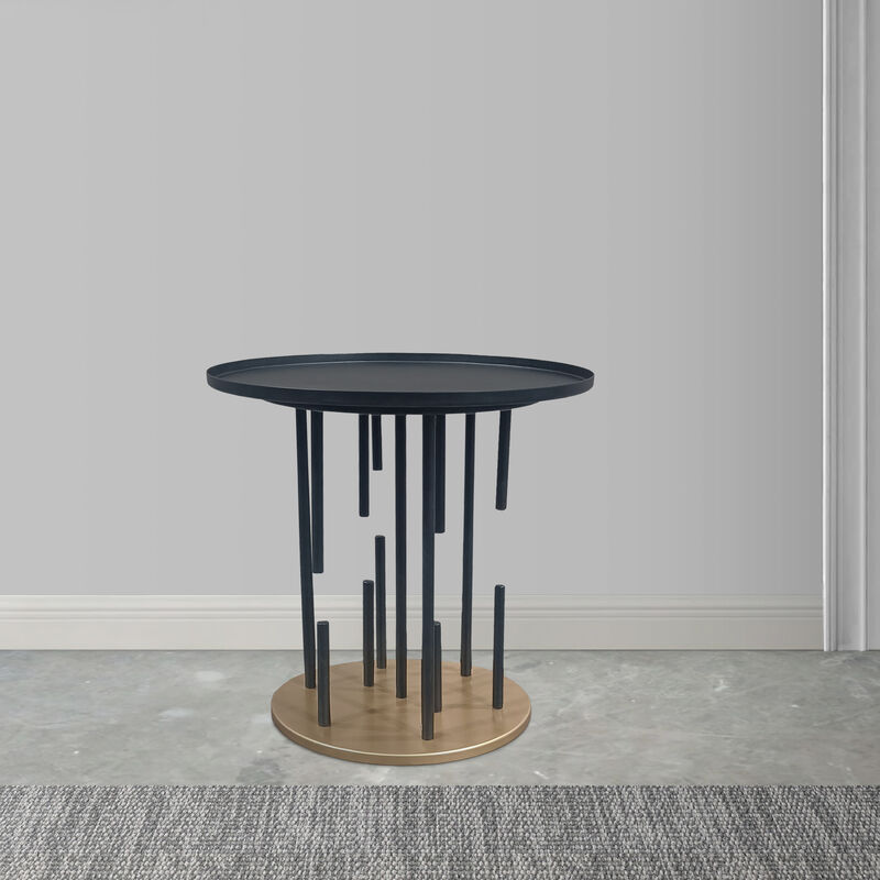 Neci 20 Inch Side End Table, Round Matte Black Tray Top, Modern Rod Supports with Brass Base - Benzara