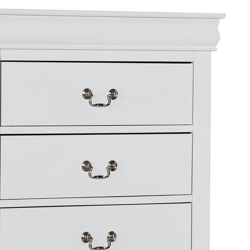 Ryla Tall Dresser Chest, 5 Drawers, Nickel Metal Handles, White Solid Wood