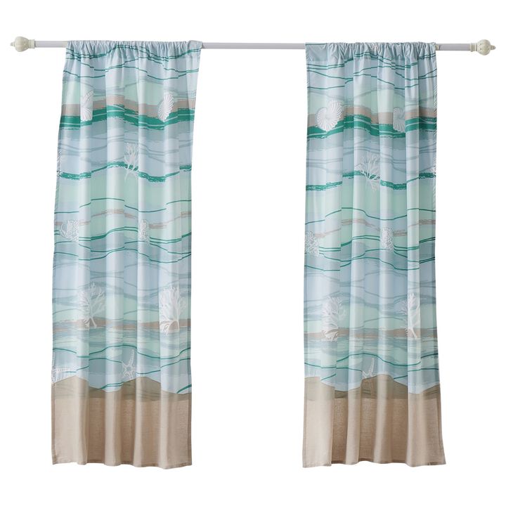 Vira 63 Inch Window Curtains, Ocean Waves and Sand Print, Rod Pockets - Benzara