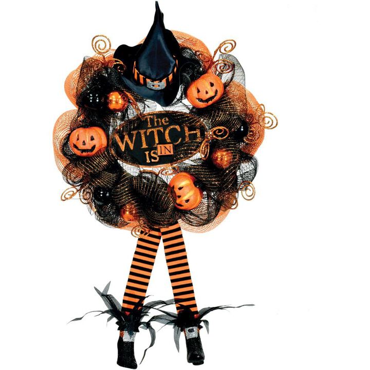 Haunted Hill Farm HHF 24 Wreath, Pumpkins, The Witch Is In, Hanging Feet