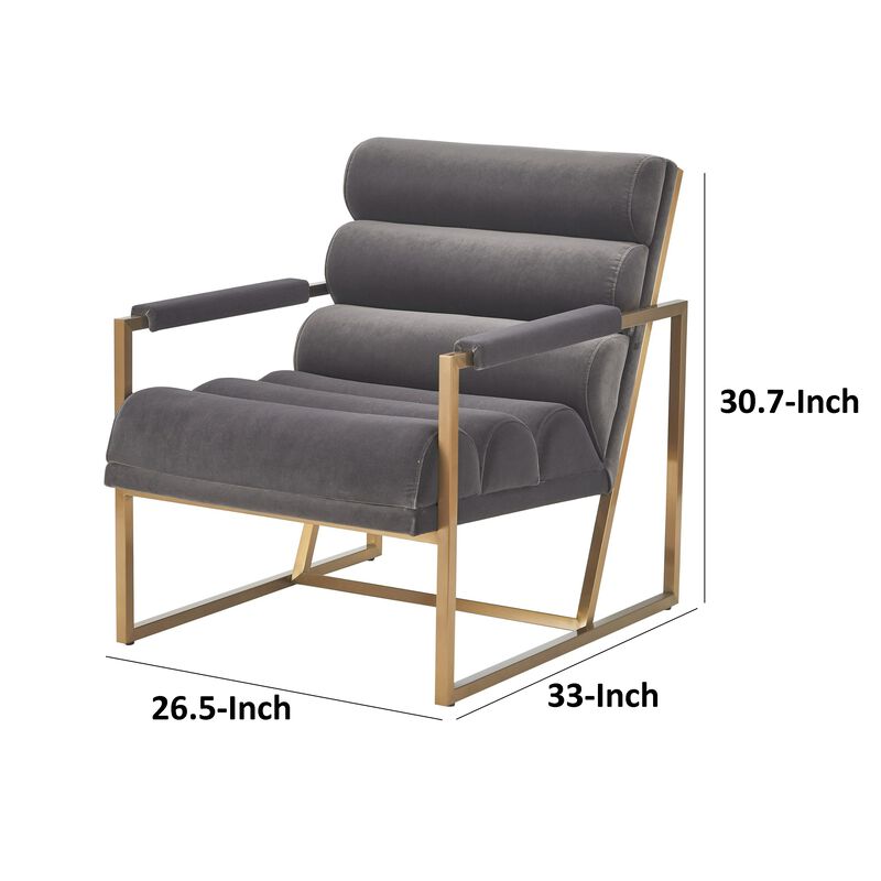 Cid Dave 27 Inch Accent Chair, Tufted Gray Velvet, Square Steel Legs, Brass - Benzara