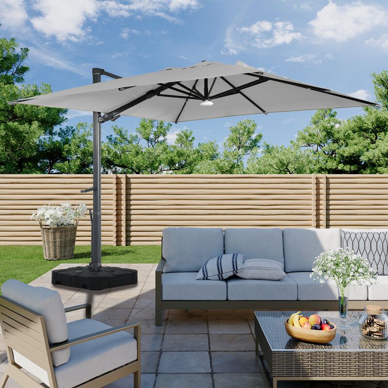 10 ft 360° Rotation Square Cantilever Patio Umbrella with BaseandBT in Gray