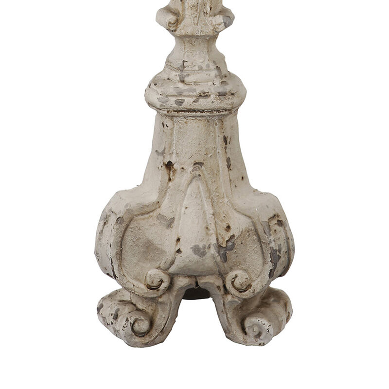 28 Inch Metal Candle Holder, Classical Turned Pedestal, Distressed White - Benzara